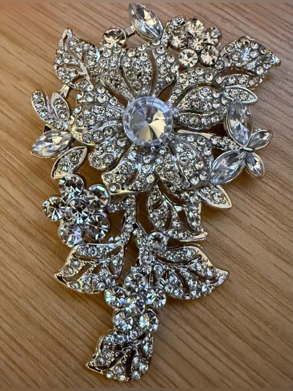 Rhinestone Floral Cascade Brooch - Silver Crystal